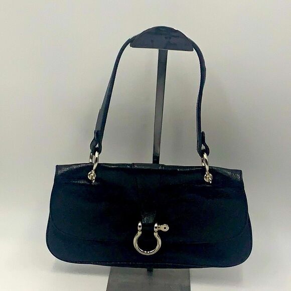 Auth Burberry Embossed Reptile Print Black Leather Horsebit Baguette Purse - Picture 6 of 6